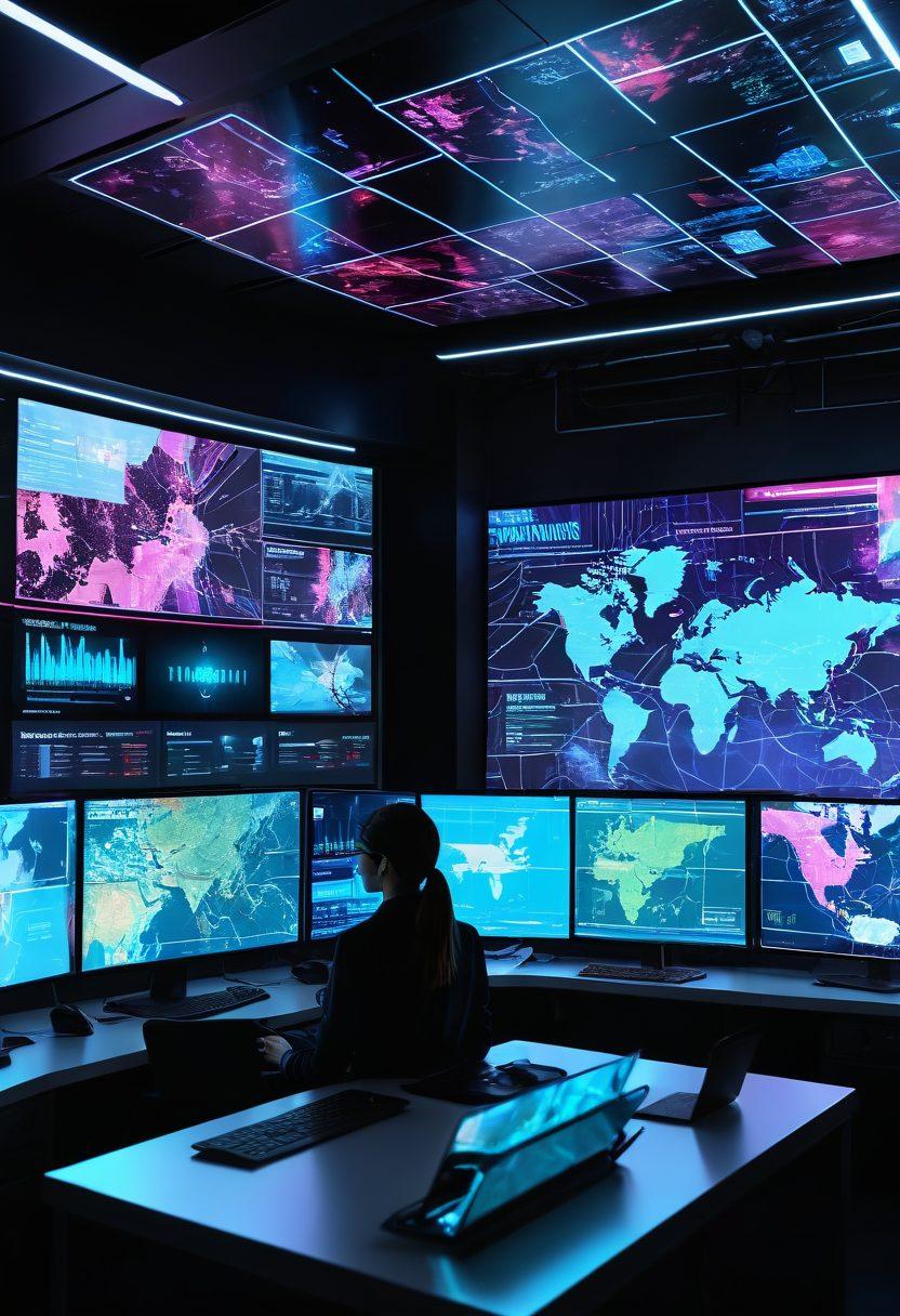 A futuristic newsroom filled with holographic screens displaying vibrant digital media and streaming content icons. Journalists collaborating with interactive 3D visuals of global news maps and data streams. High-tech gadgets and AI elements seamlessly integrated into the environment. The scene is dynamic, conveying the energy of modern news reporting and digital transformation. super-realistic. cyberpunk. vibrant colors.