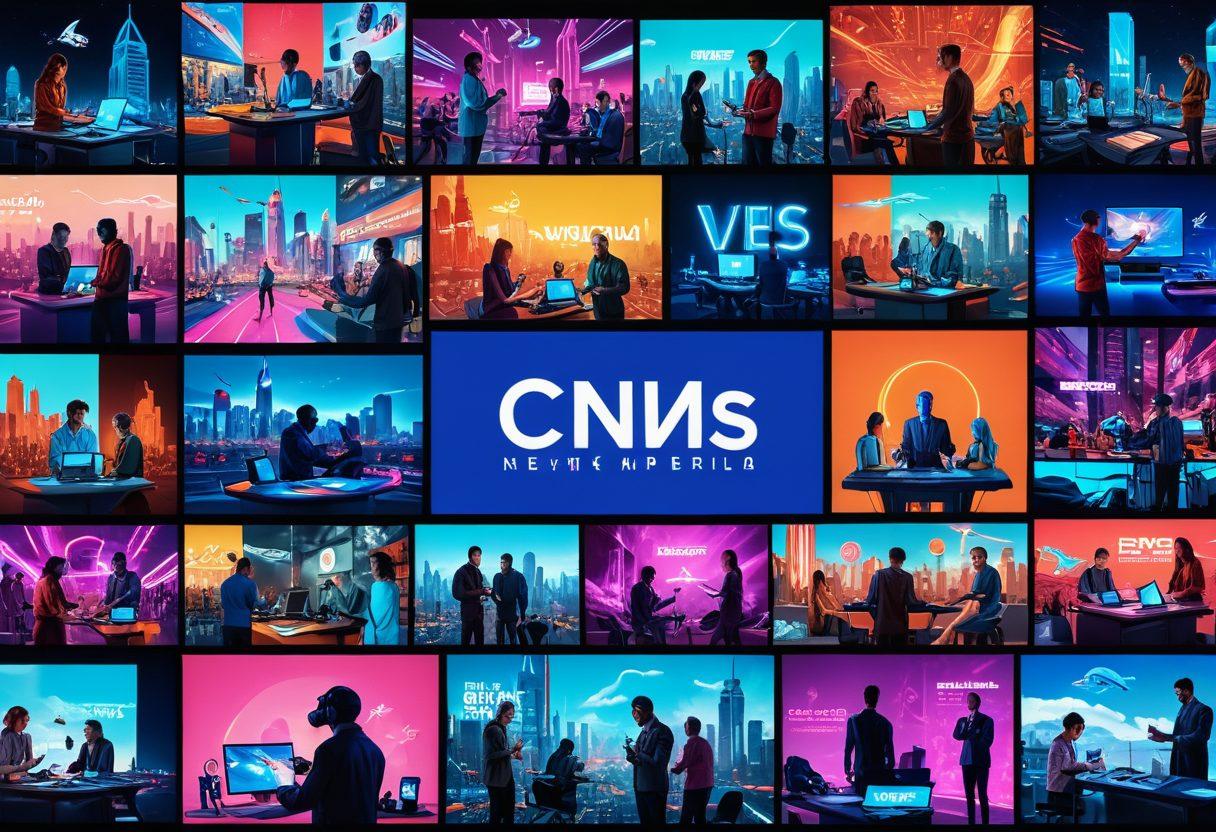 A dynamic collage depicting digital media in action, featuring a diverse array of content creators, such as writers, vloggers, and graphic designers. Showcase futuristic technology like holographic screens and drones delivering news, with bright cityscapes in the background. Include symbols of news and entertainment like microphones, cameras, and streaming icons. The overall mood should be innovative and energetic, representing the evolution of media. vibrant colors. 3D.
