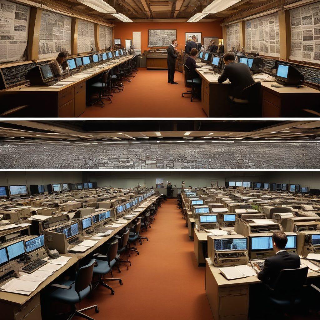 A split image showcasing the evolution of news broadcasting: on the left side, a vintage newspaper office with typewriters and reporters, and on the right, a modern newsroom filled with digital screens and journalists using tablets. The transition is fluid, representing the passage of time and technology. Include elements like a globe to signify global news coverage and a timeline at the bottom. vibrant colors. super-realistic.